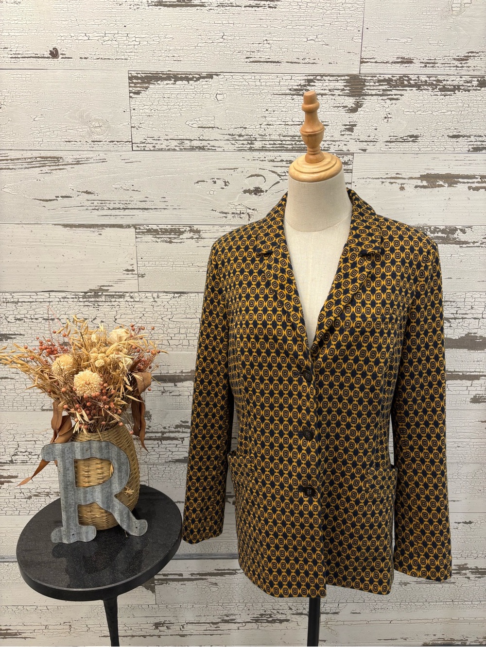 Cabi Button Down Women's Geometric Blazer in Mustard & Blue